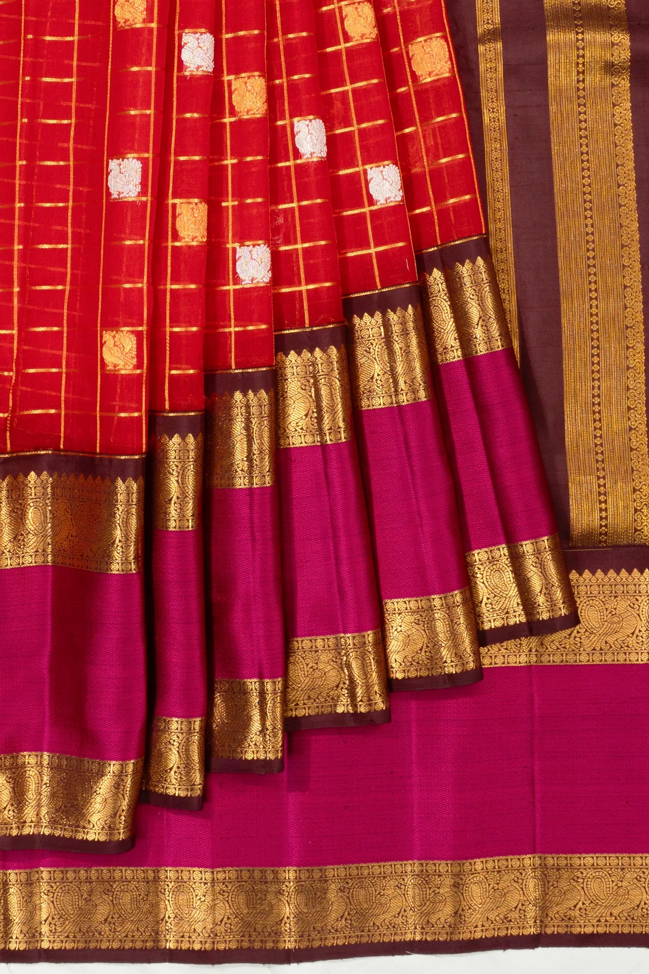 Kanchipuram Kora Organza Checks And Butta Red Saree With Rettai Pettu Border