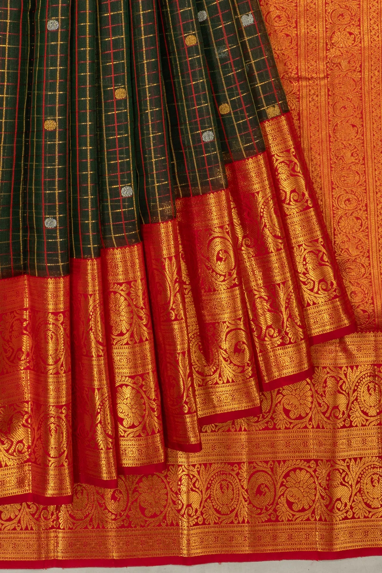 Kanchipuram Kora Organza Checks And Butta Dark Green Saree