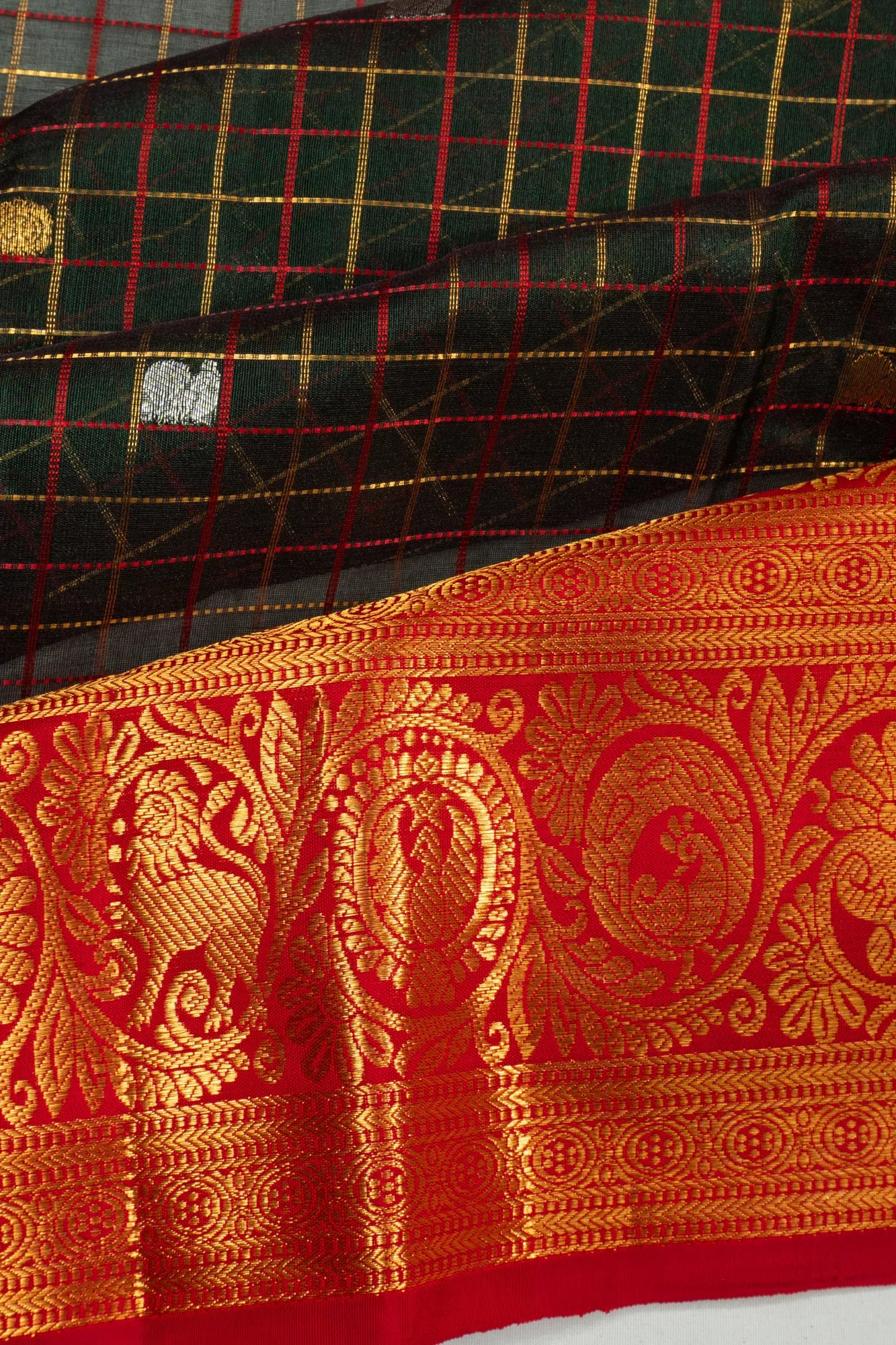 Kanchipuram Kora Organza Checks And Butta Dark Green Saree