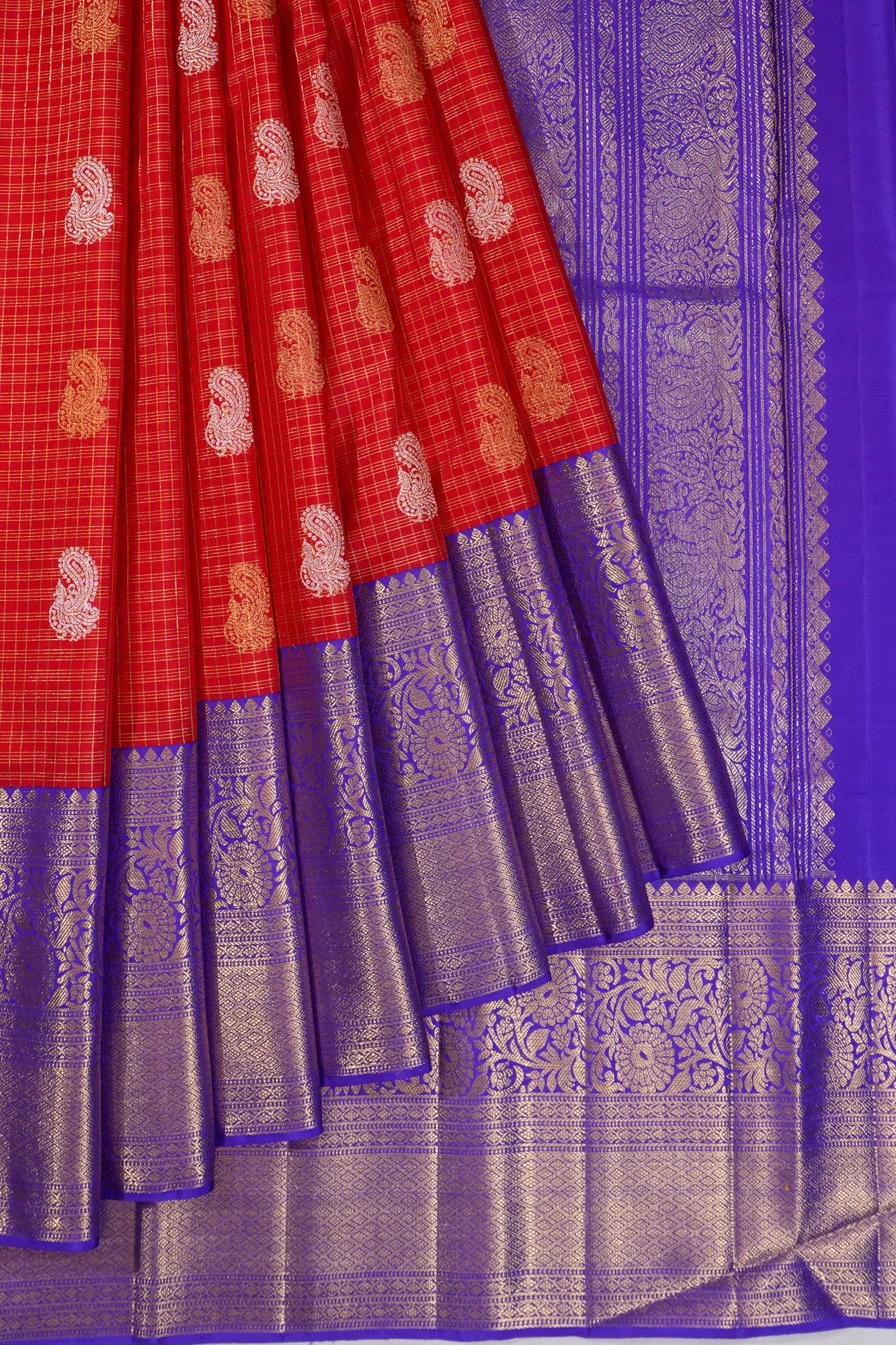 Kanchipuram Silk Checks And Butta Red Saree