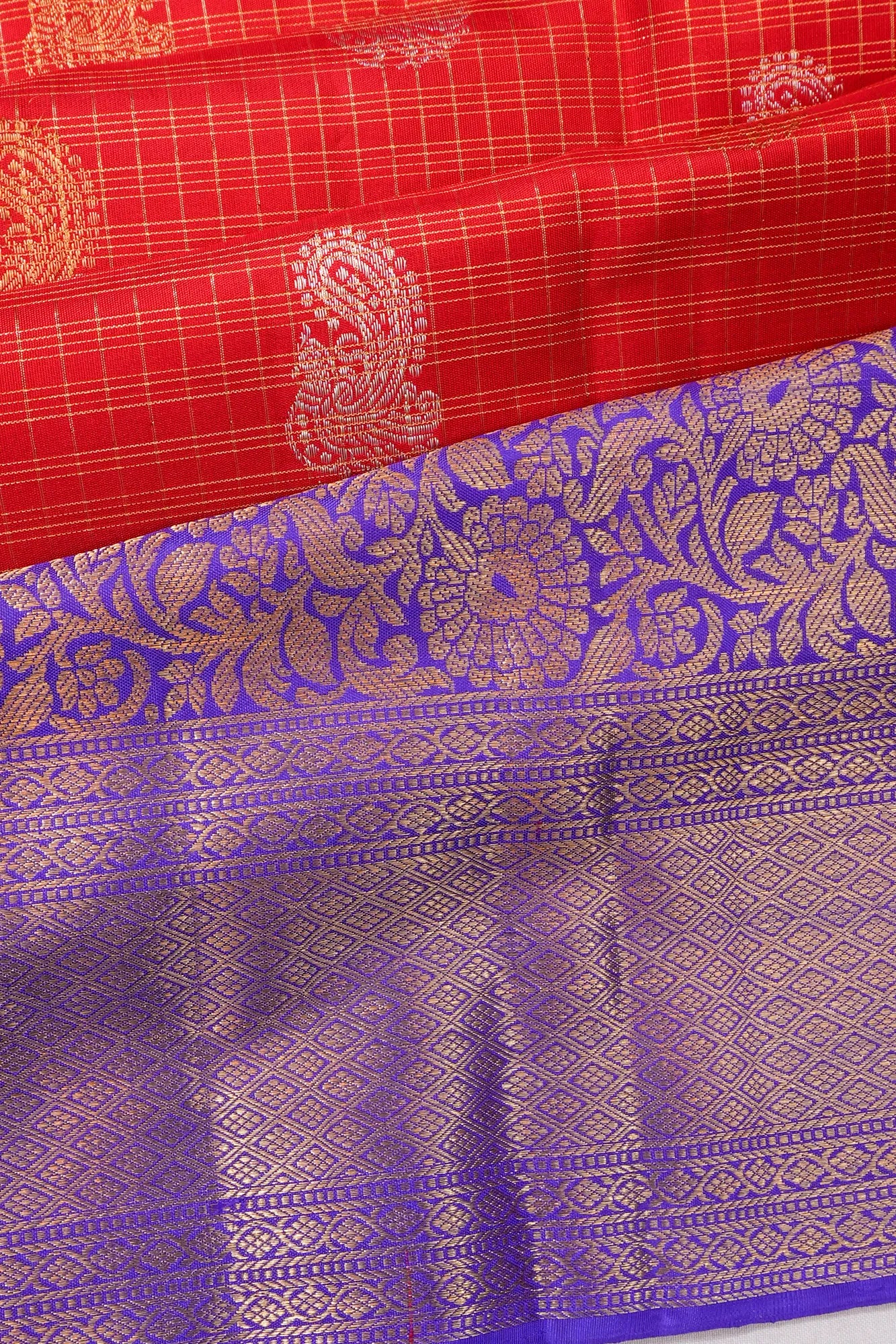Kanchipuram Silk Checks And Butta Red Saree