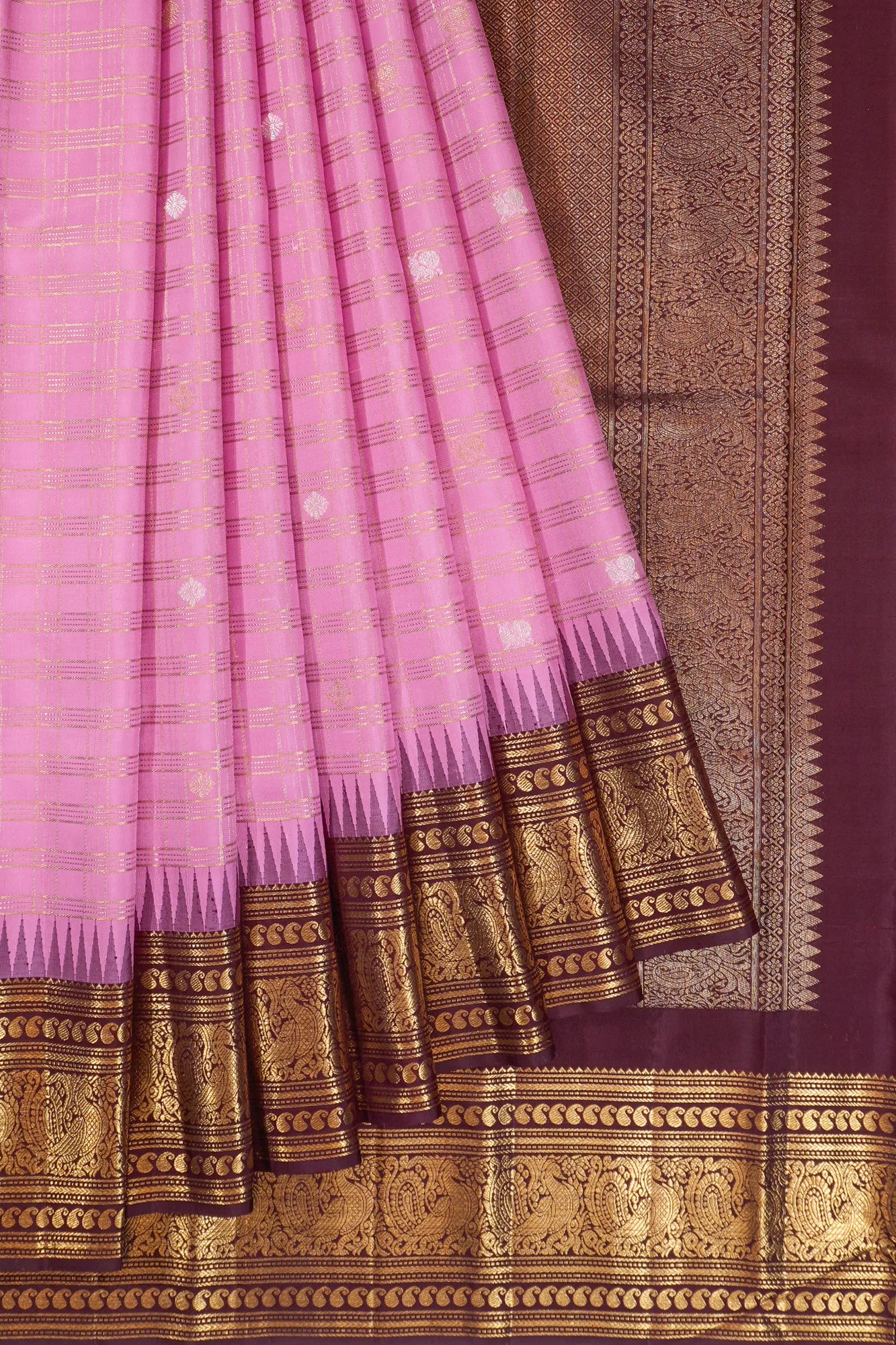 Kanchipuram Silk Checks And Butta Baby Pink Saree