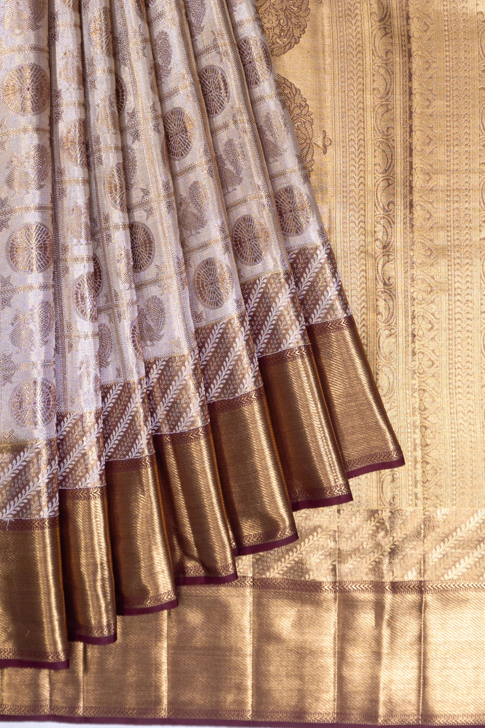 Kanchipuram Silk Tissue Checks And Butta Silver Saree