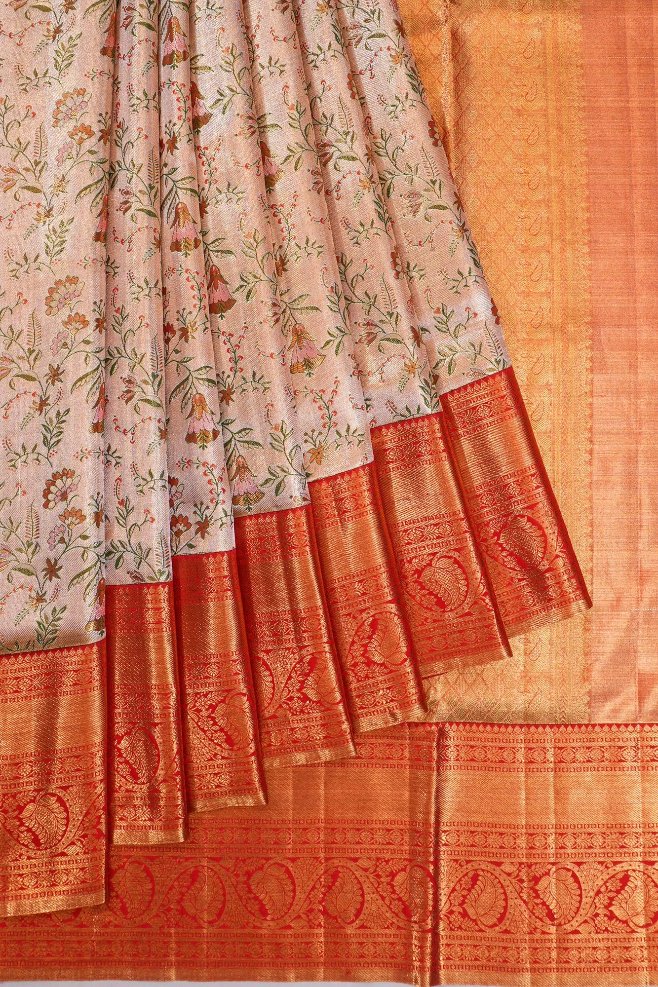 Kanchipuram Silk Tissue Jaal Peach Saree