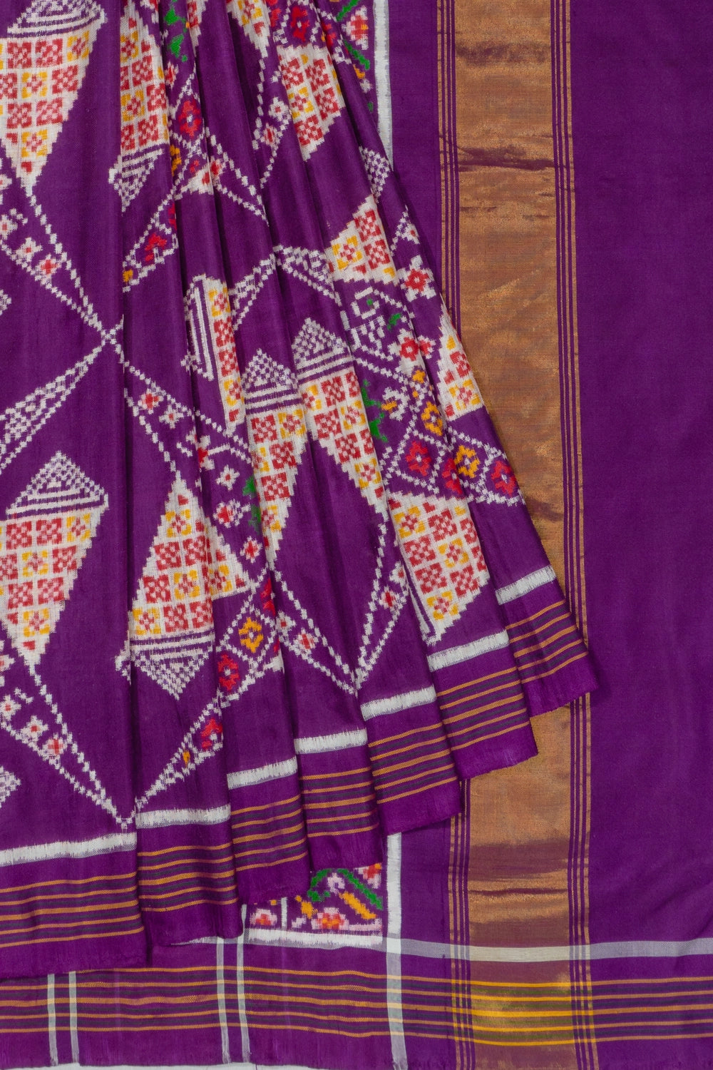 Patan Patola Silk Double Ikat Geometrical Triangles Purple Saree