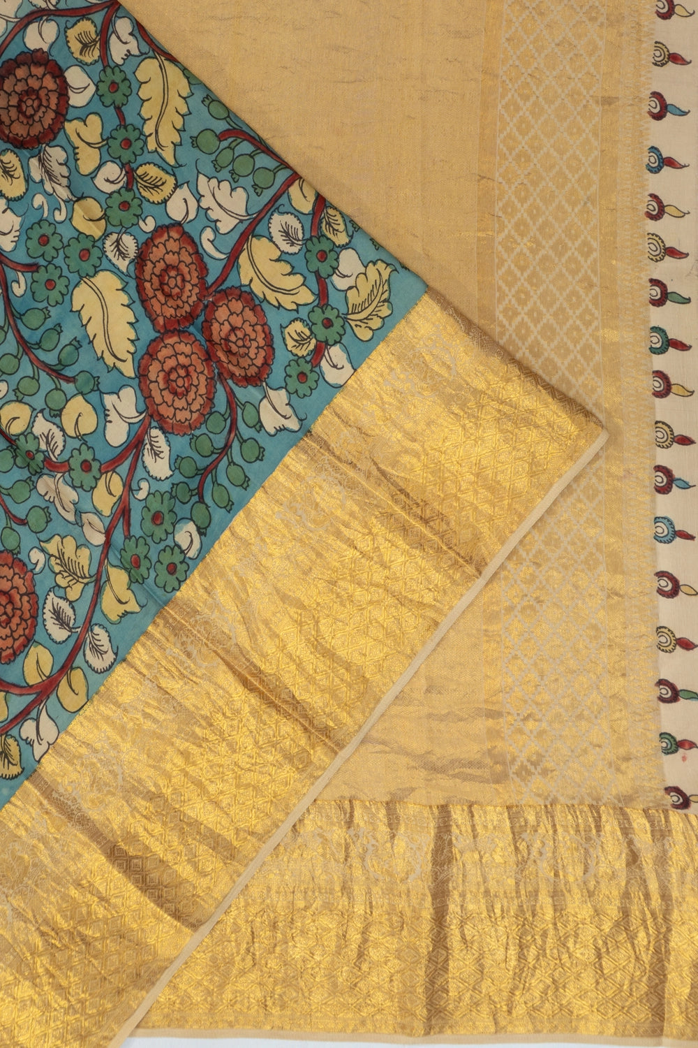 Kanchipuram Silk Kalamkari Hand Painted Blue Saree