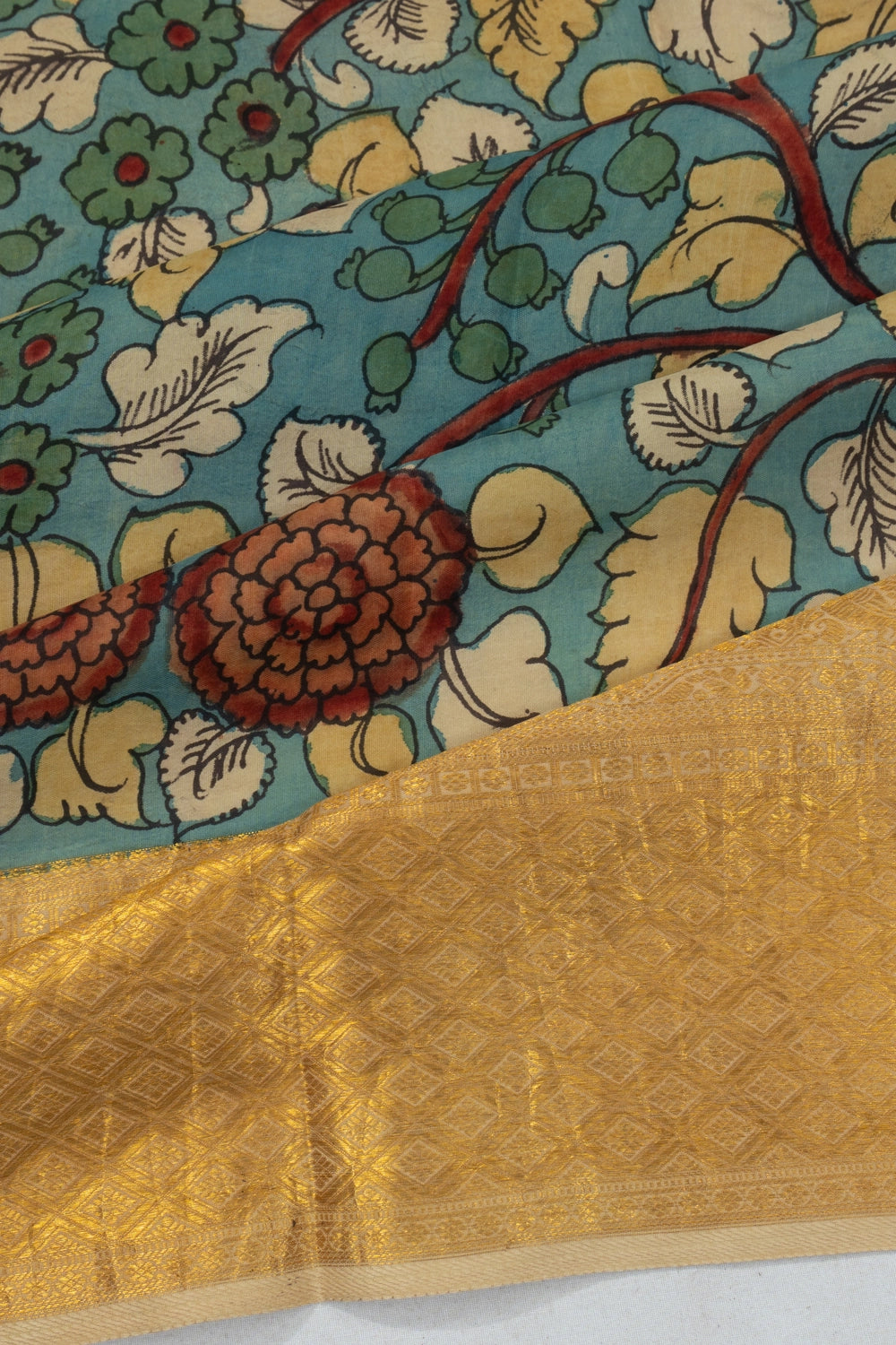 Kanchipuram Silk Kalamkari Hand Painted Blue Saree