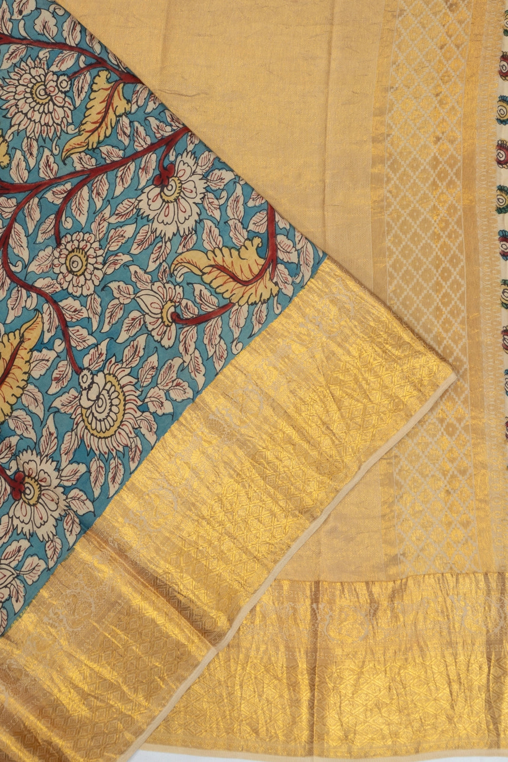 Kanchipuram Silk Kalamkari Hand Painted Blue Saree