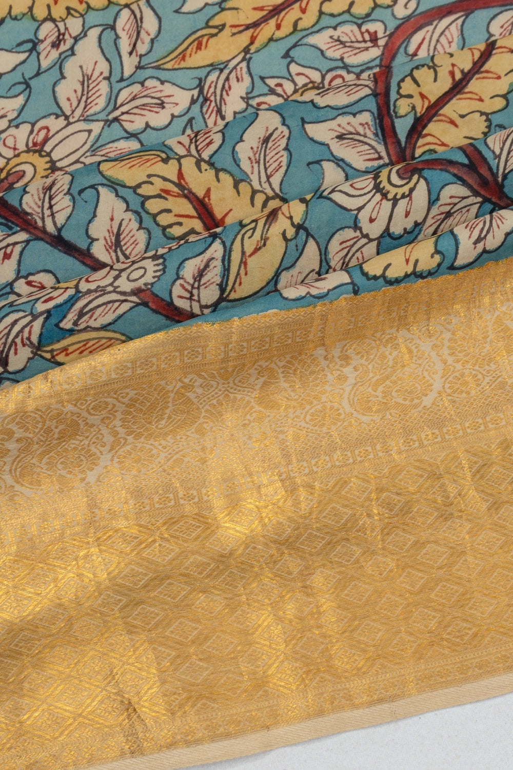 Kanchipuram Silk Kalamkari Hand Painted Blue Saree