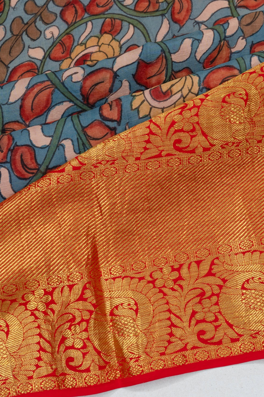 Kanchipuram Silk Kalamkari Hand Painted Blue Saree