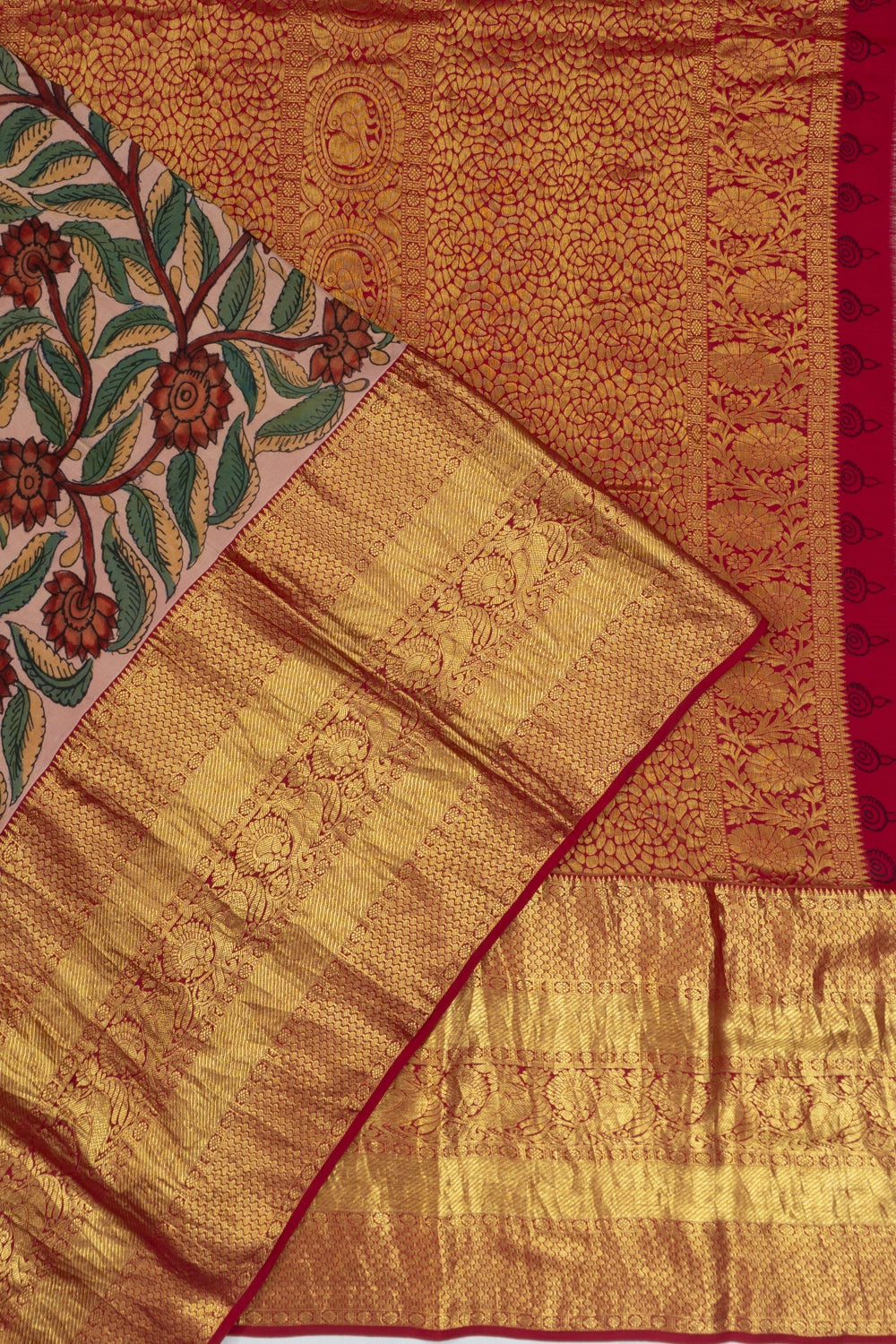Kanchipuram Silk Kalamkari Hand Painted Peach Saree
