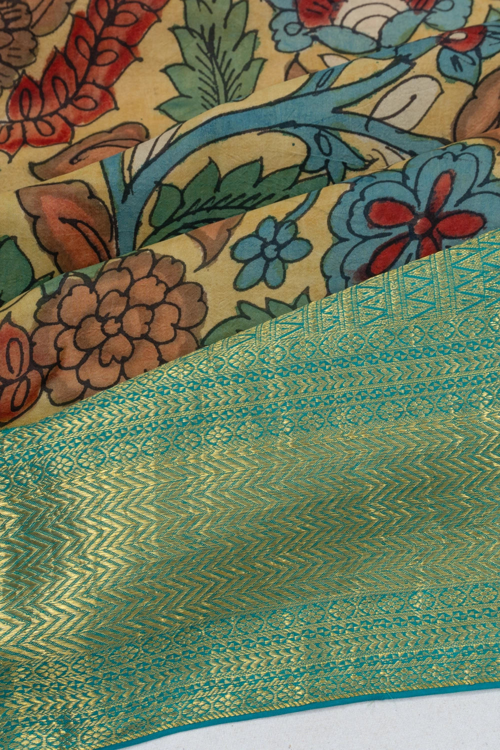Kanchipuram Silk Kalamkari Hand Painted Cream Saree