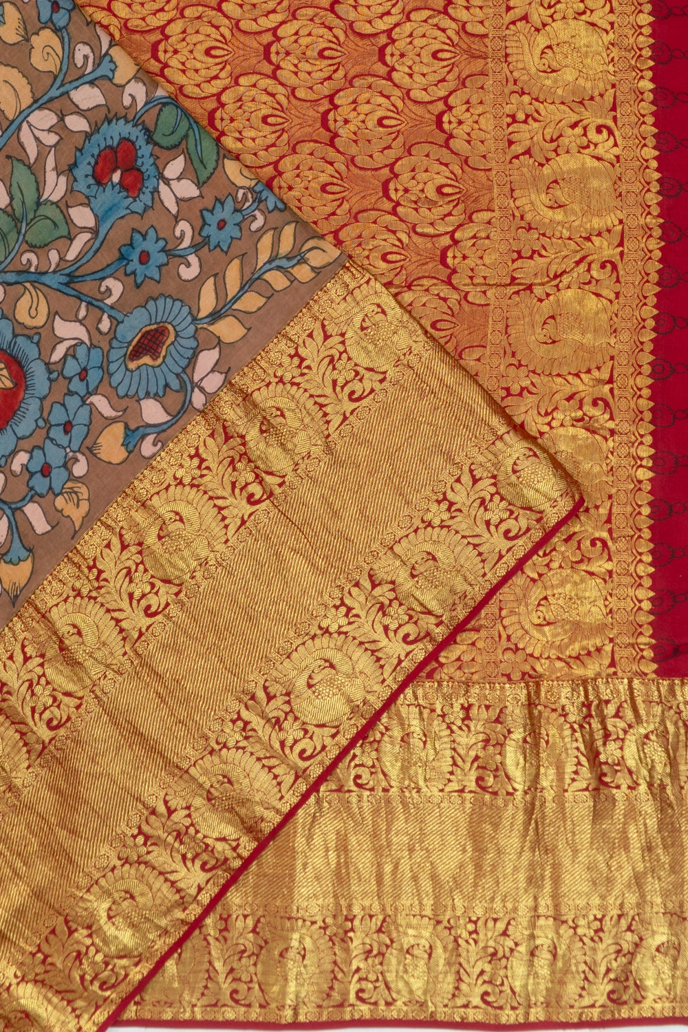 Kanchipuram Silk Kalamkari Hand Painted Brown Saree