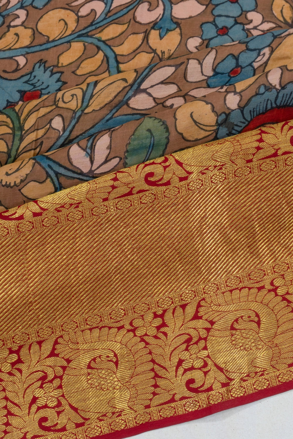 Kanchipuram Silk Kalamkari Hand Painted Brown Saree
