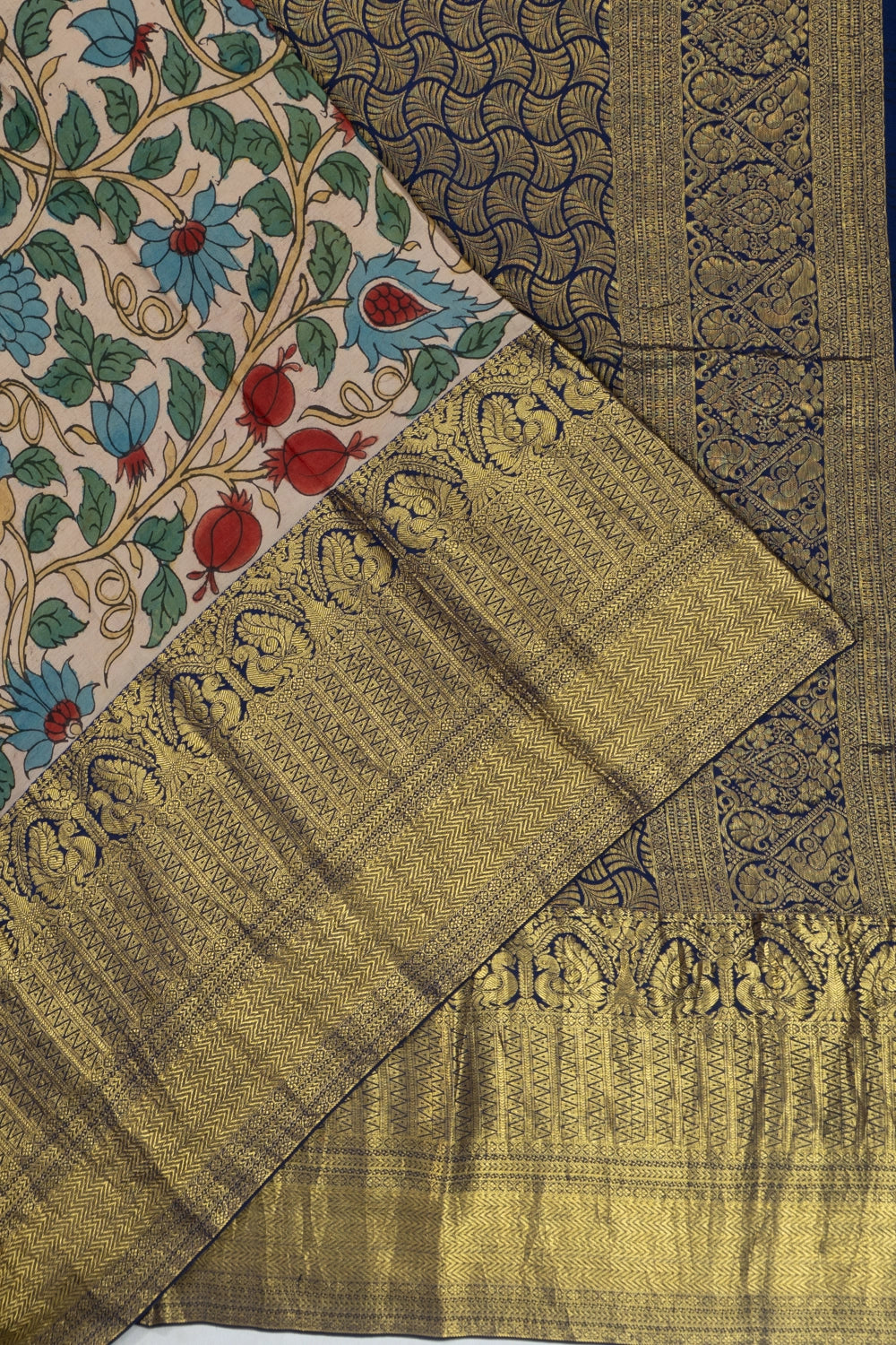 Kanchipuram Silk Kalamkari Hand Painted Cream Saree