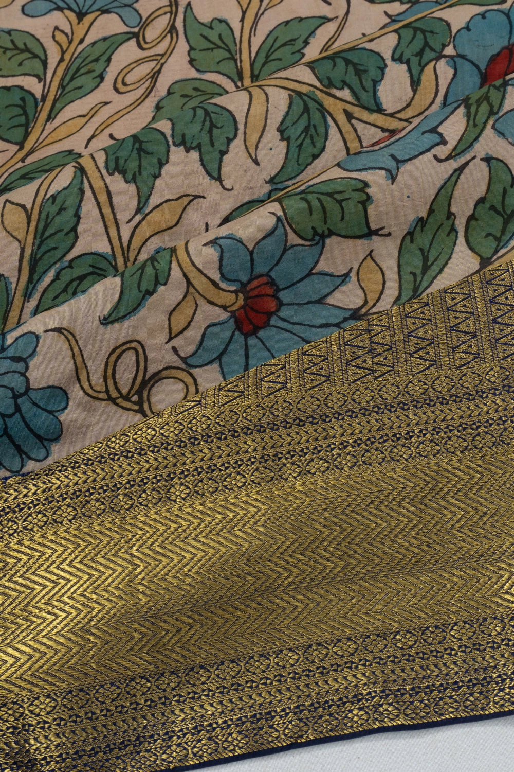 Kanchipuram Silk Kalamkari Hand Painted Cream Saree