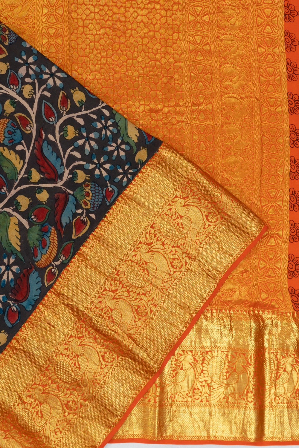Kanchipuram Silk Kalamkari Hand Painted Dark Grey Saree