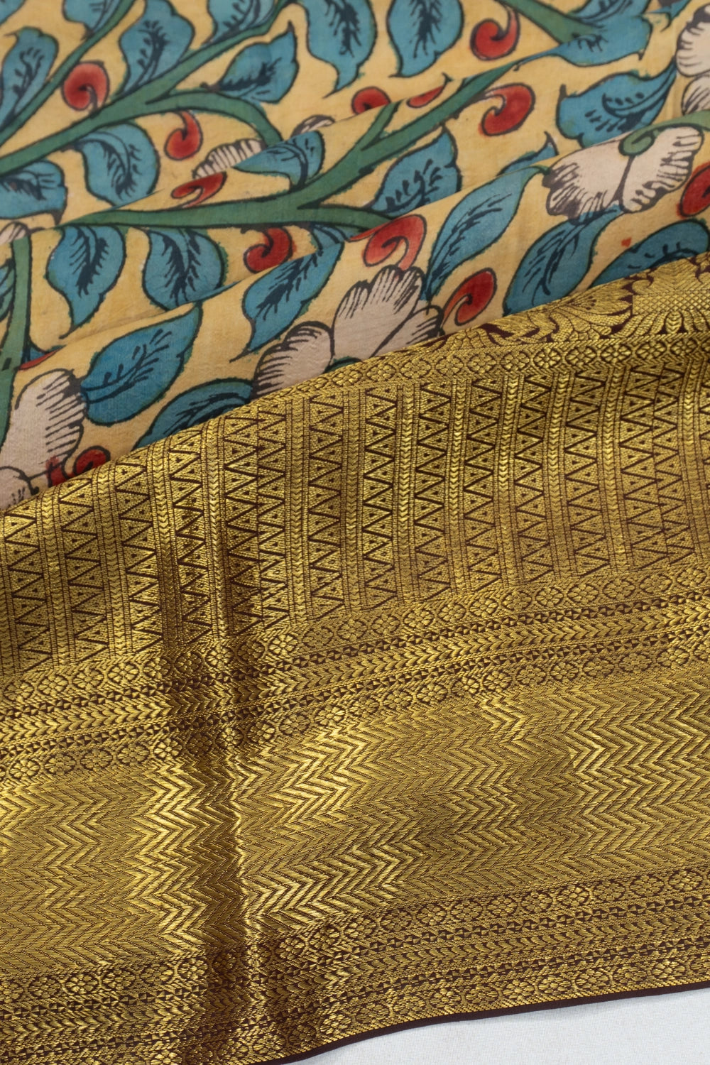 Kanchipuram Silk Kalamkari Hand Painted Cream Saree
