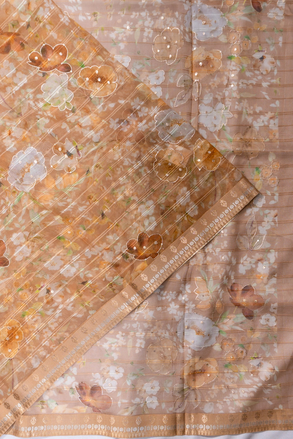 Organza Floral Printed Brown Saree With Embroidery Outline