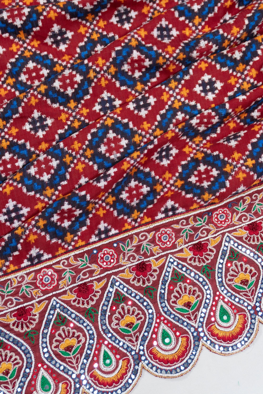 Patan Patola Silk Double Ikat Red Saree With Kutch Hand Embroidery Scallop Border