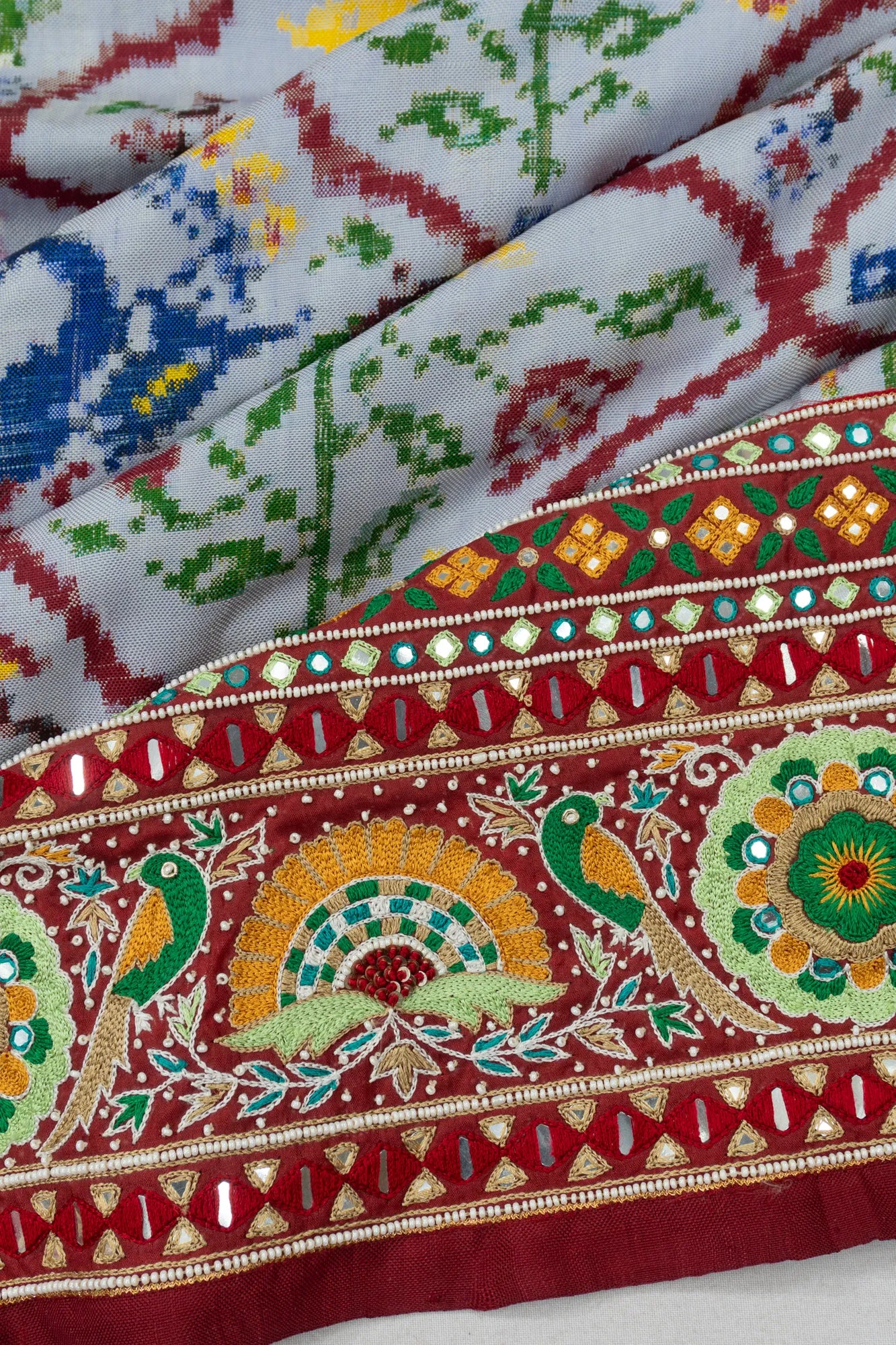 Patan Patola Silk Double Ikat Powder Blue Saree With Kutch Hand Embroidery Border