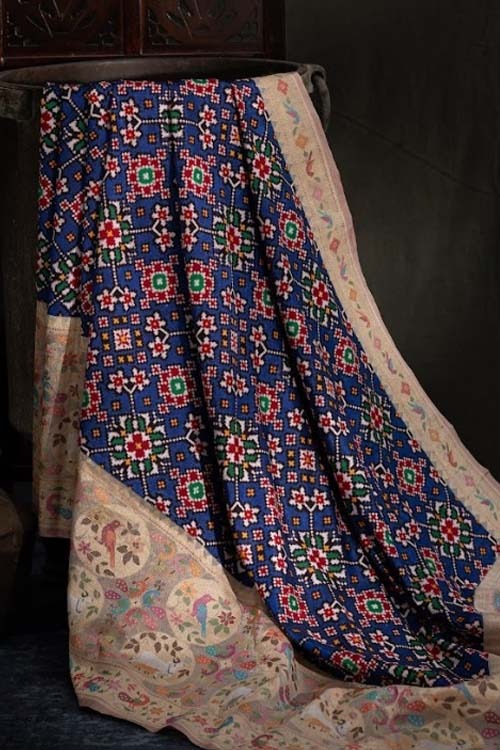 Patan Patola X Banarasi Kora Jamdani Blue Saree
