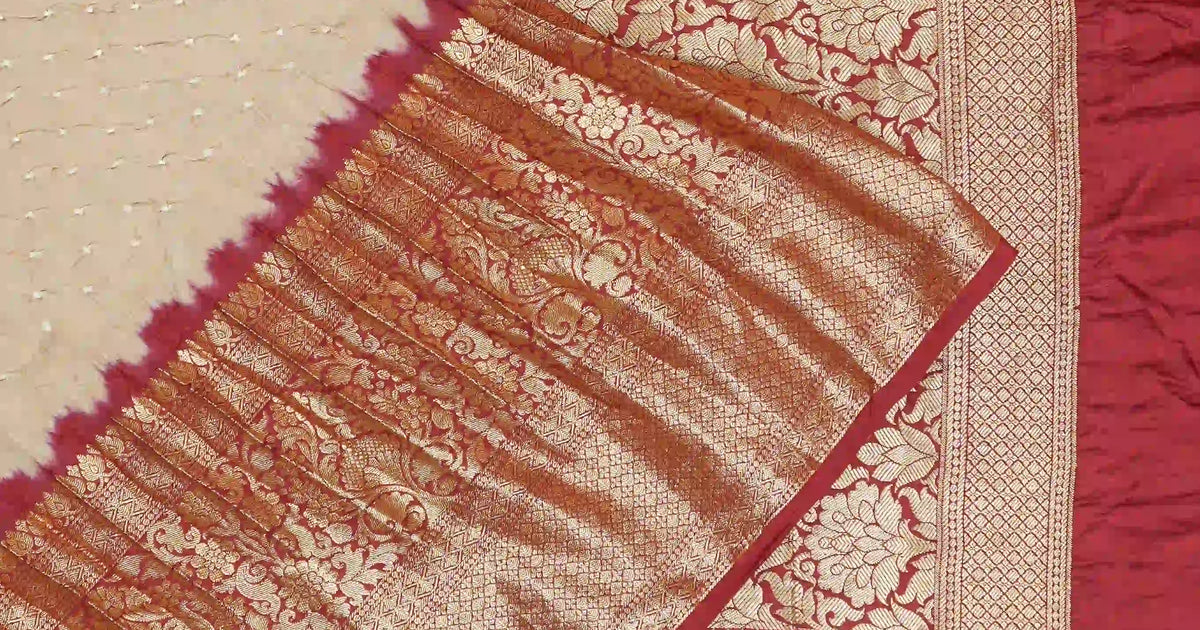 Gaji Silk Bandhani Cream Saree | Kankatala