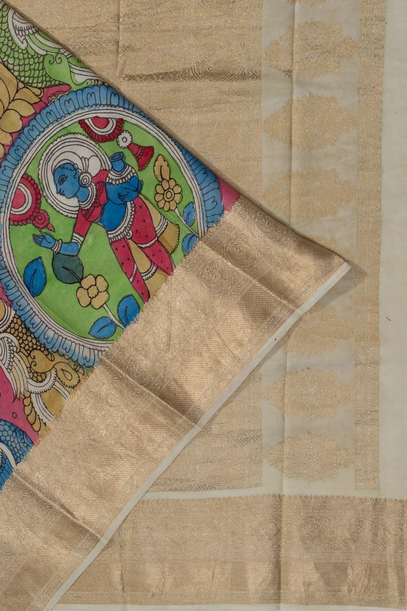 Kanchipuram Silk Kalamkari Hand Painted Pink Saree