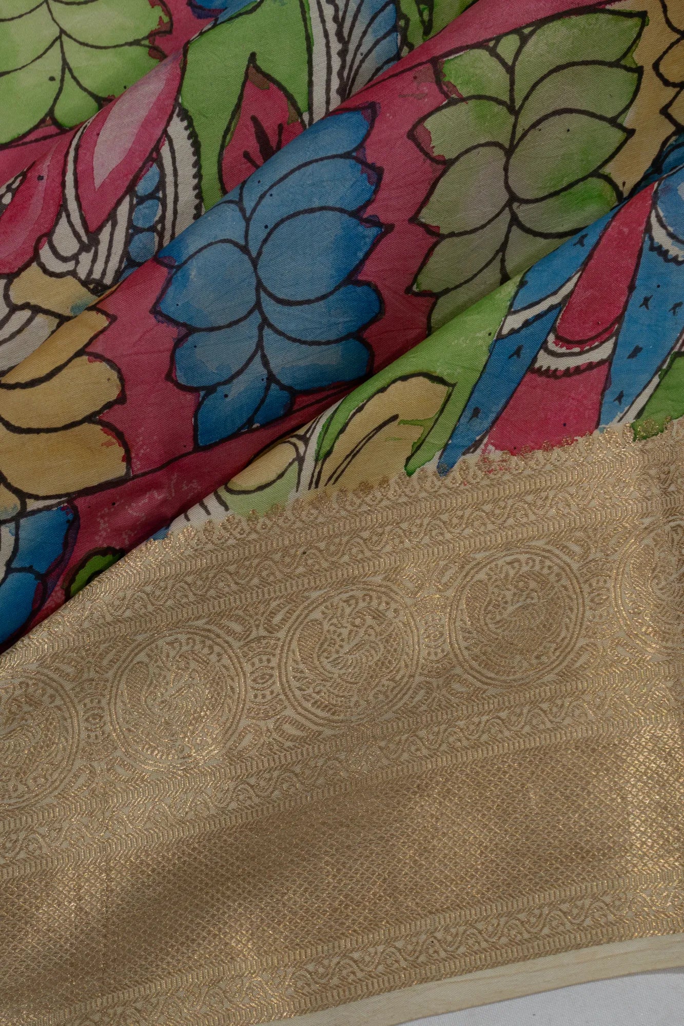 Kanchipuram Silk Kalamkari Hand Painted Pink Saree
