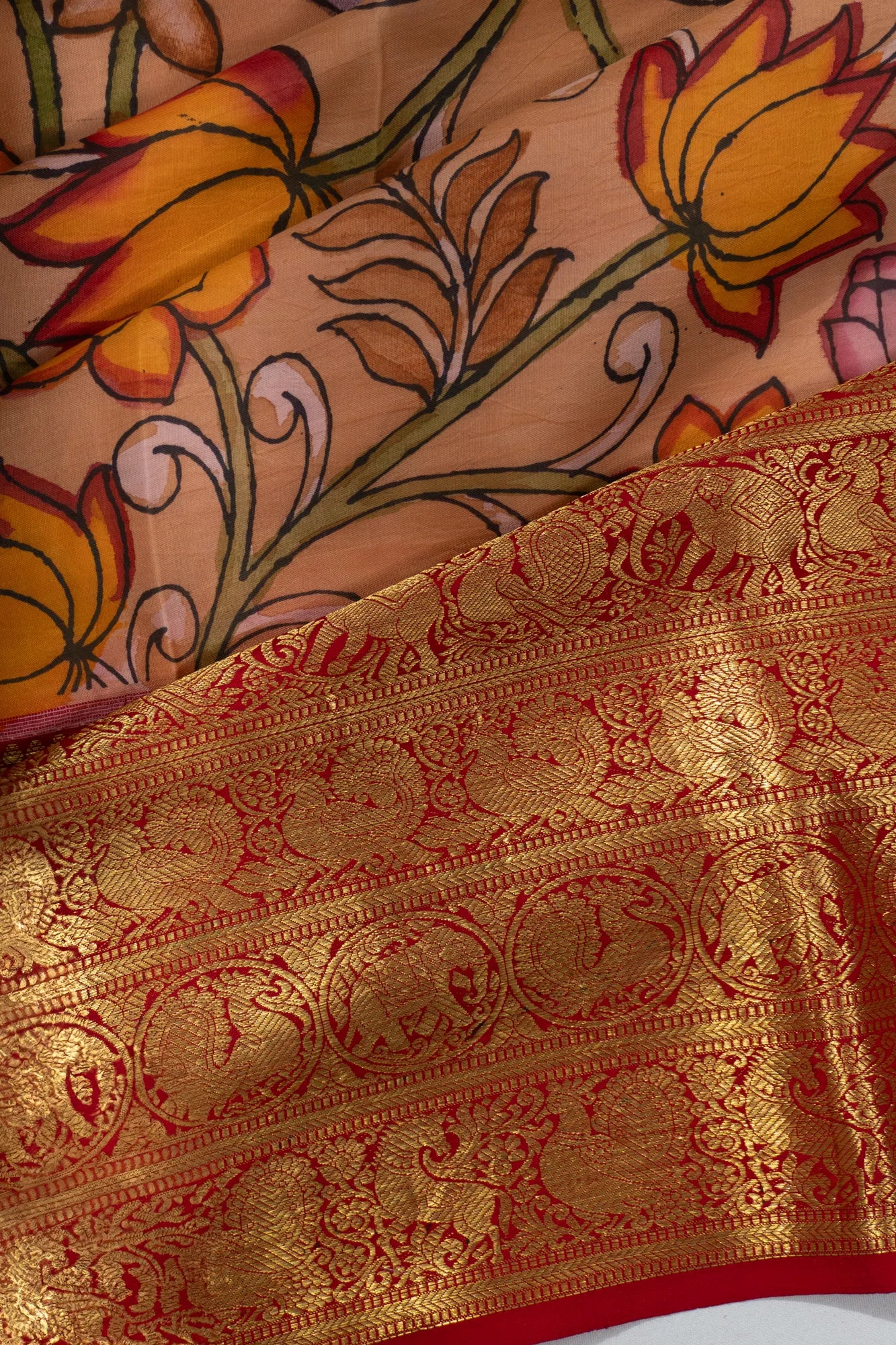 Kanchipuram Silk Kalamkari Hand Painted Pastel Orange Saree