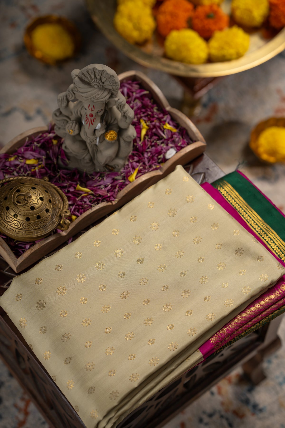 Kanchipuram Silk Butta Cream Saree