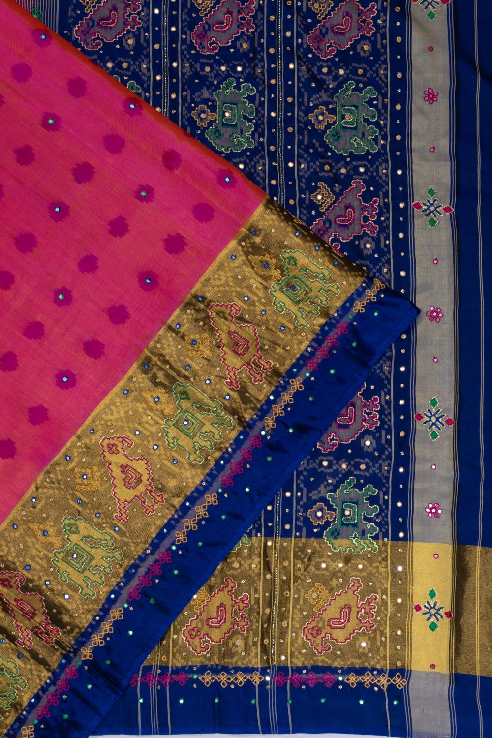 Rajkot Patola Silk Ikat And Mirror Butta Vermillion Pink Saree