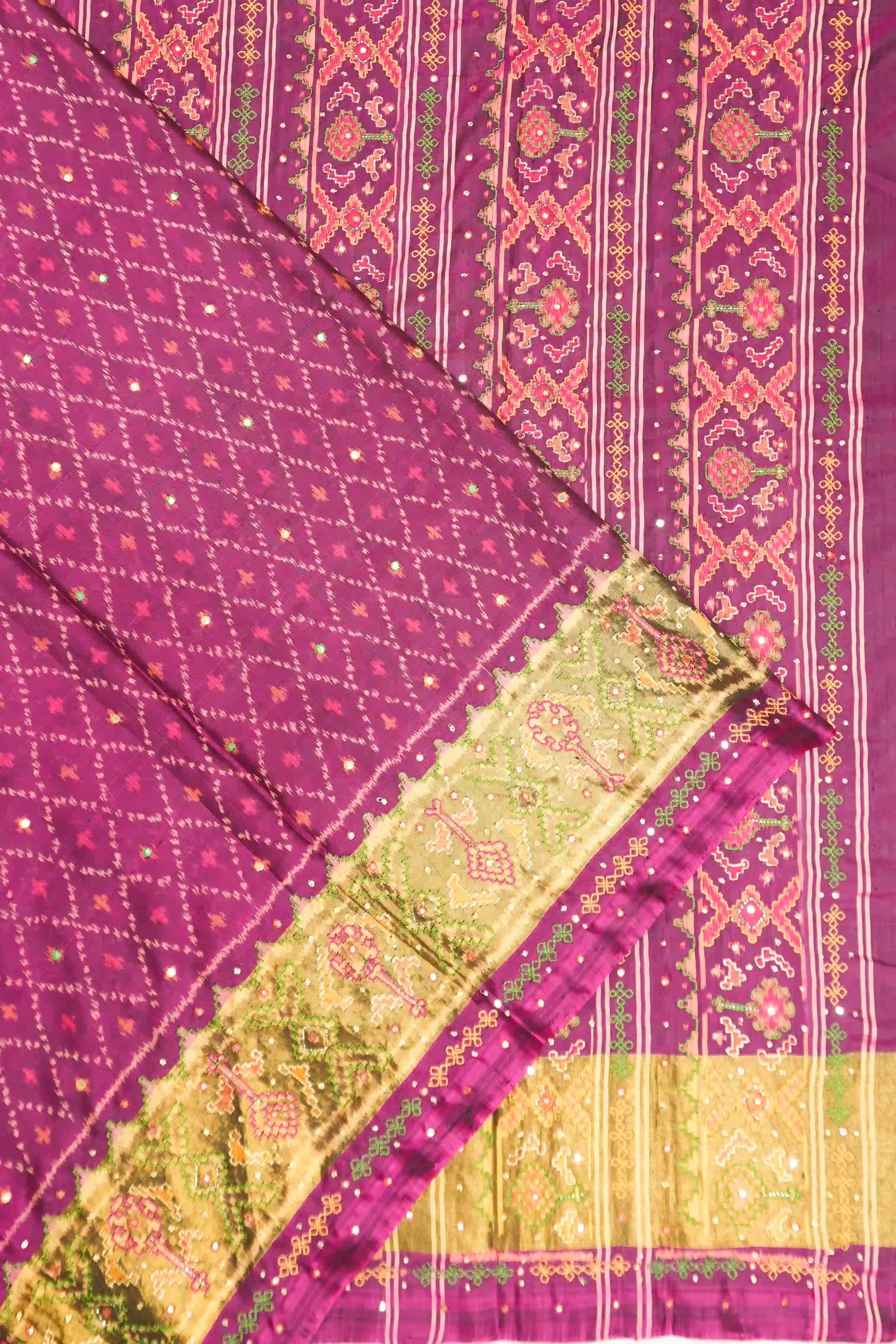 Rajkot Patola Silk Ikat Mirror Work Purple Saree