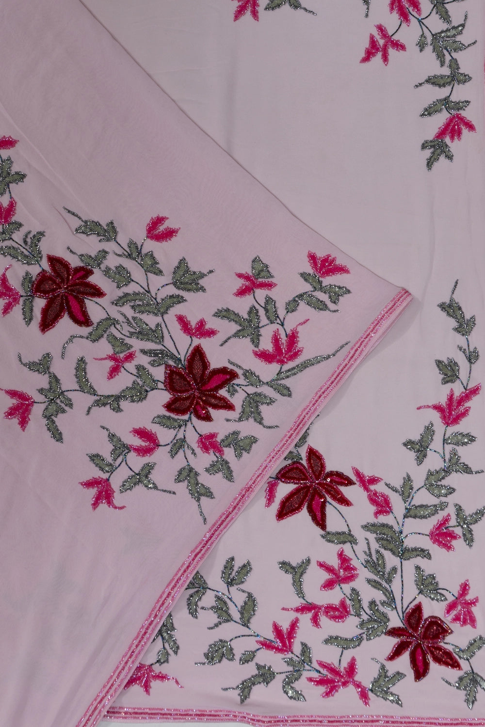 Georgette Plain Baby Pink Saree With Sequin And Nalki Embroidery