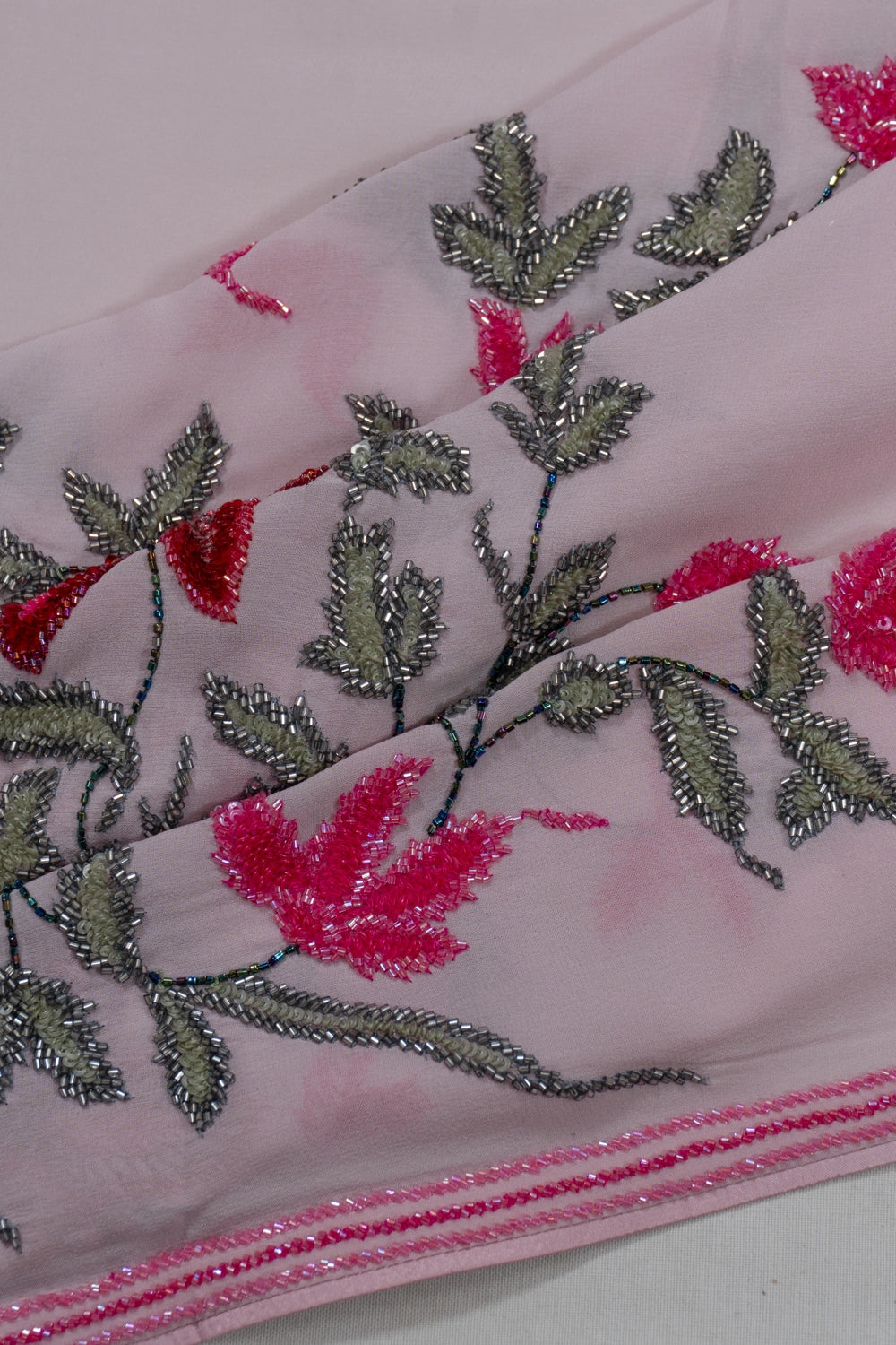 Georgette Plain Baby Pink Saree With Sequin And Nalki Embroidery