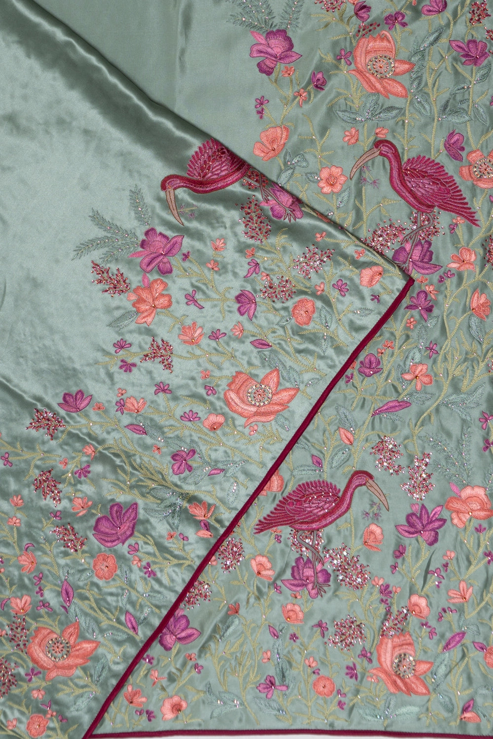Satin Plain Sage Green Saree With Embroidery
