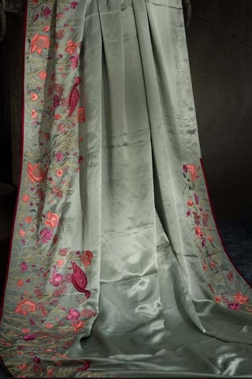 Satin Plain Sage Green Saree With Embroidery