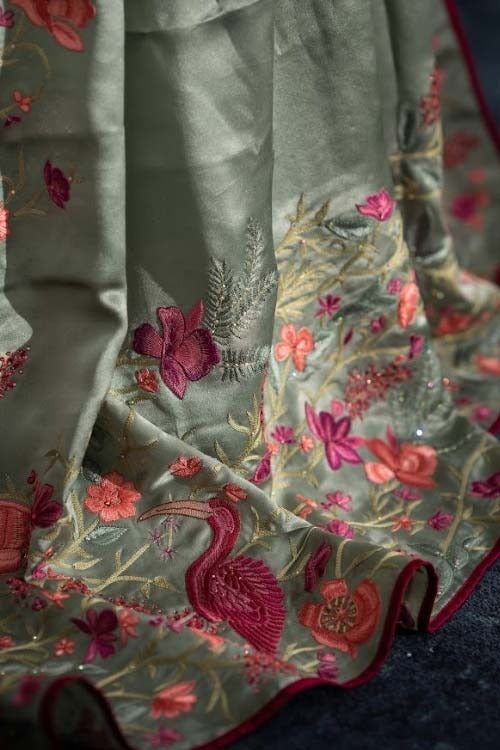 Satin Plain Sage Green Saree With Embroidery