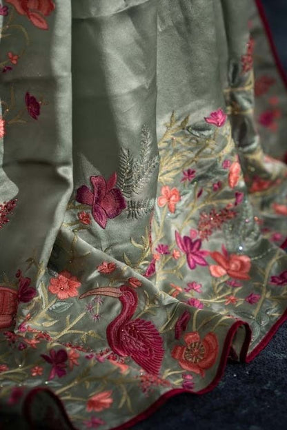 Satin Plain Sage Green Saree With Embroidery
