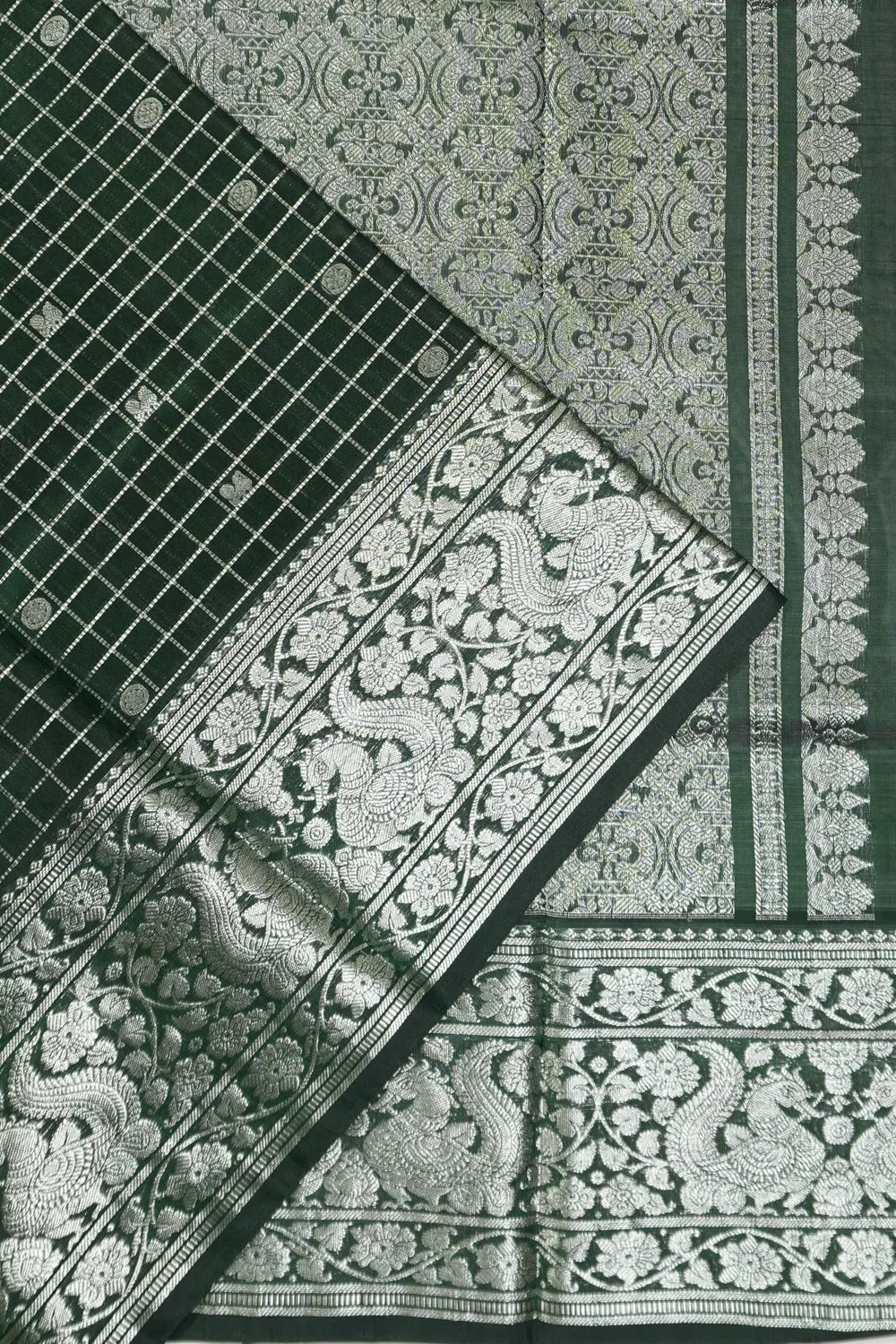 Venkatagiri Silk Checks And Butta Bottle Green Saree