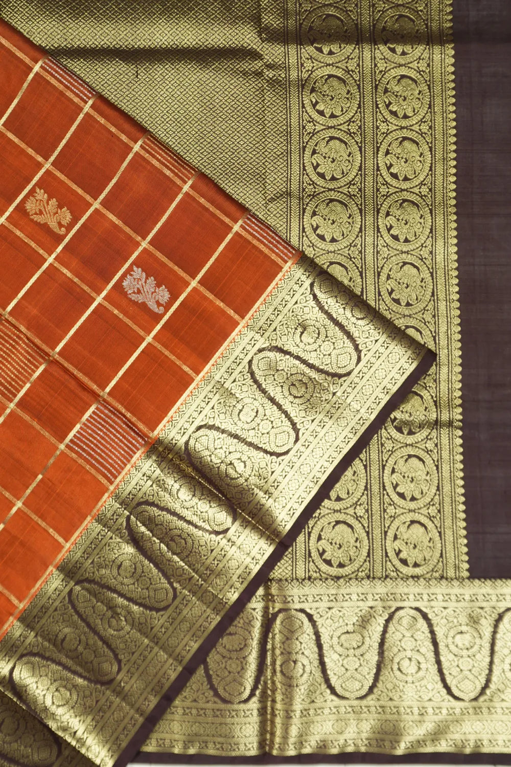 Venkatagiri Silk Checks And Butta Rust Orange Saree