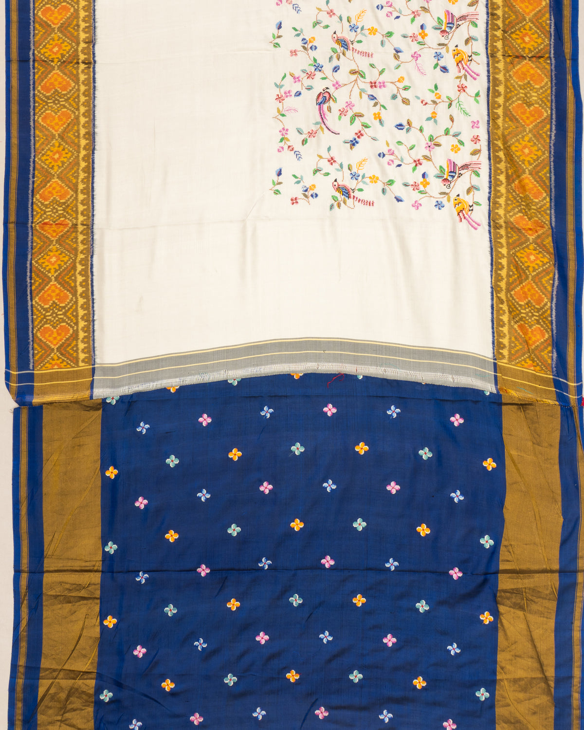 Rajkot Patola Silk Ikat Embroidery Jaal White Saree