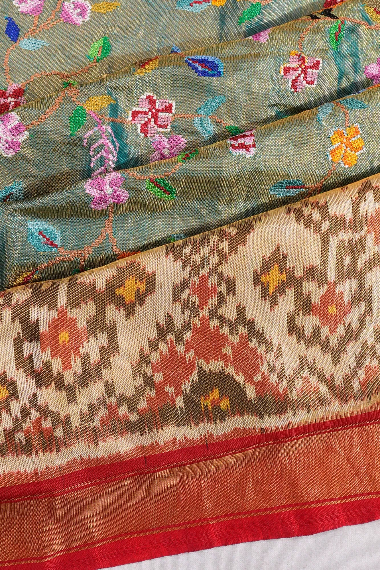 Rajkot Patola Silk Ikat Floral Embroidery Blue Saree