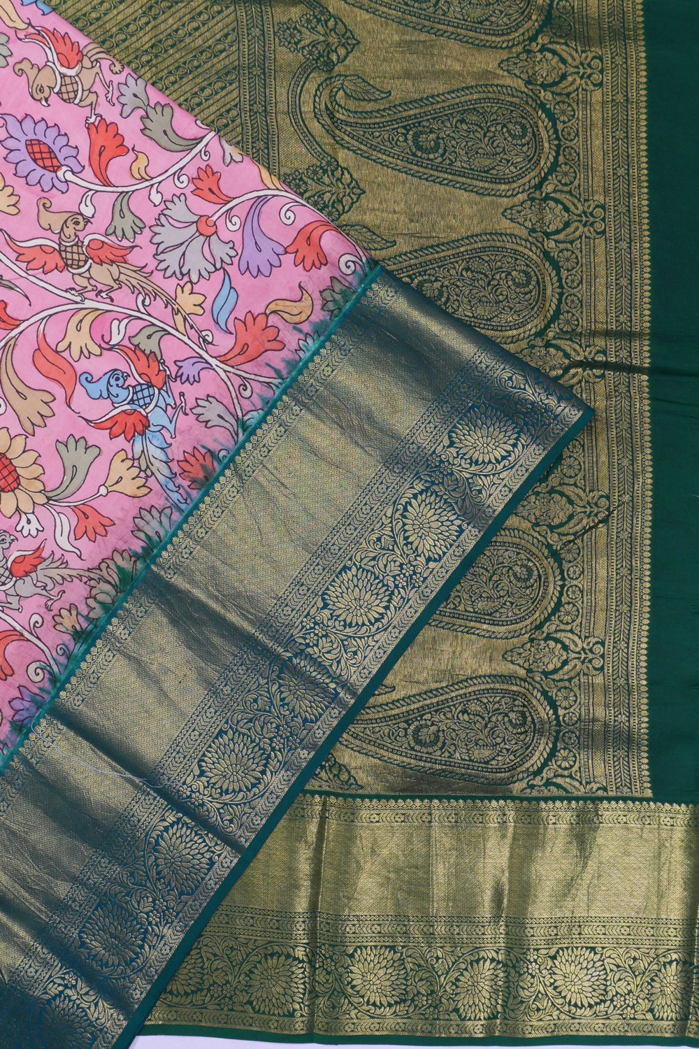 Kanchipuram Silk Kalamkari Hand Painted Baby Pink Saree