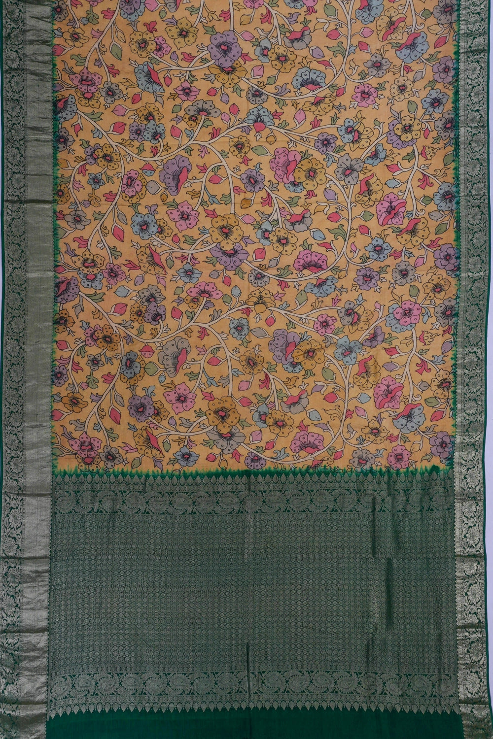 Kanchipuram Silk Kalamkari Hand Painted Pastel Orange Saree