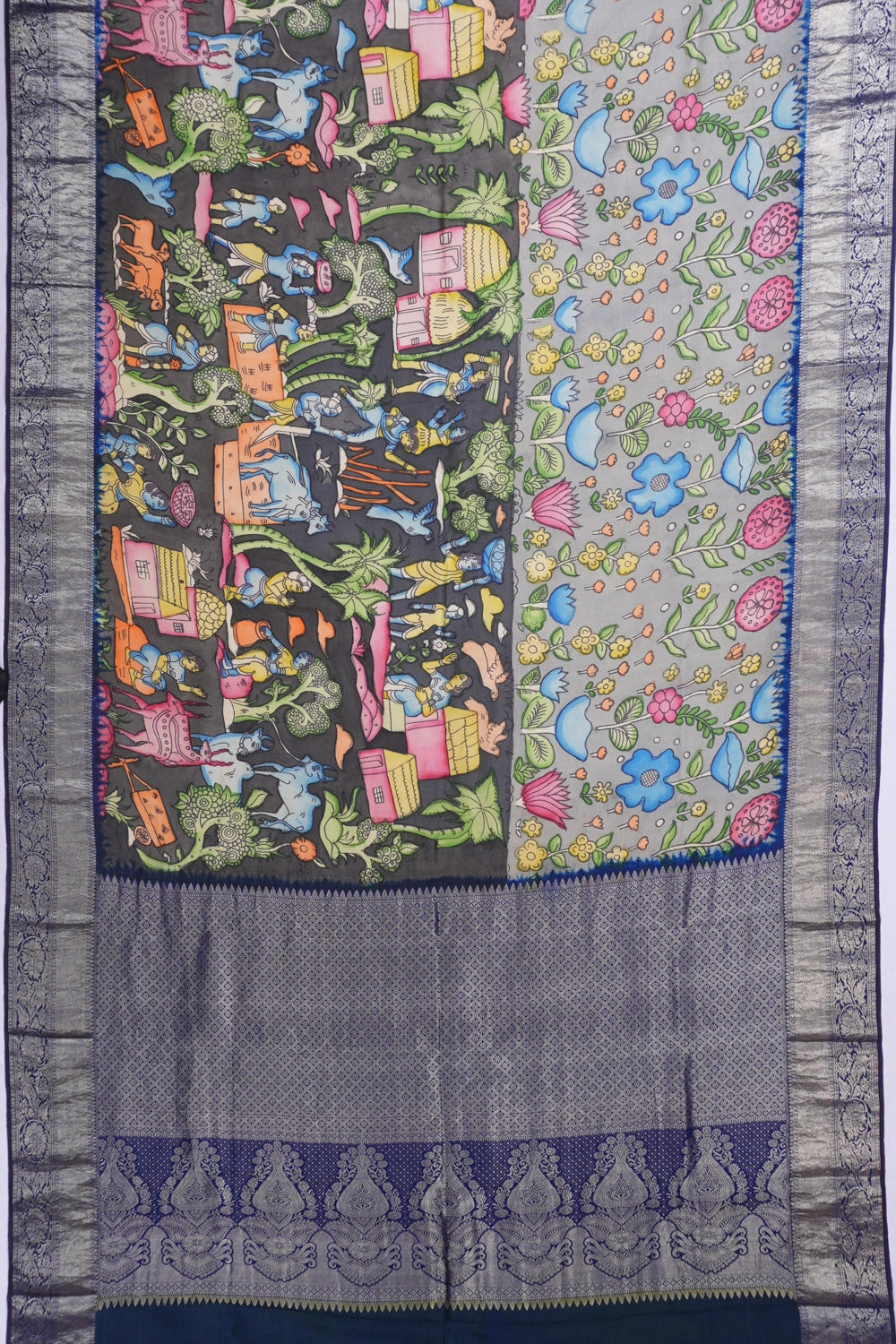 Kanchipuram Silk Kalamkari Hand Painted Grey Saree
