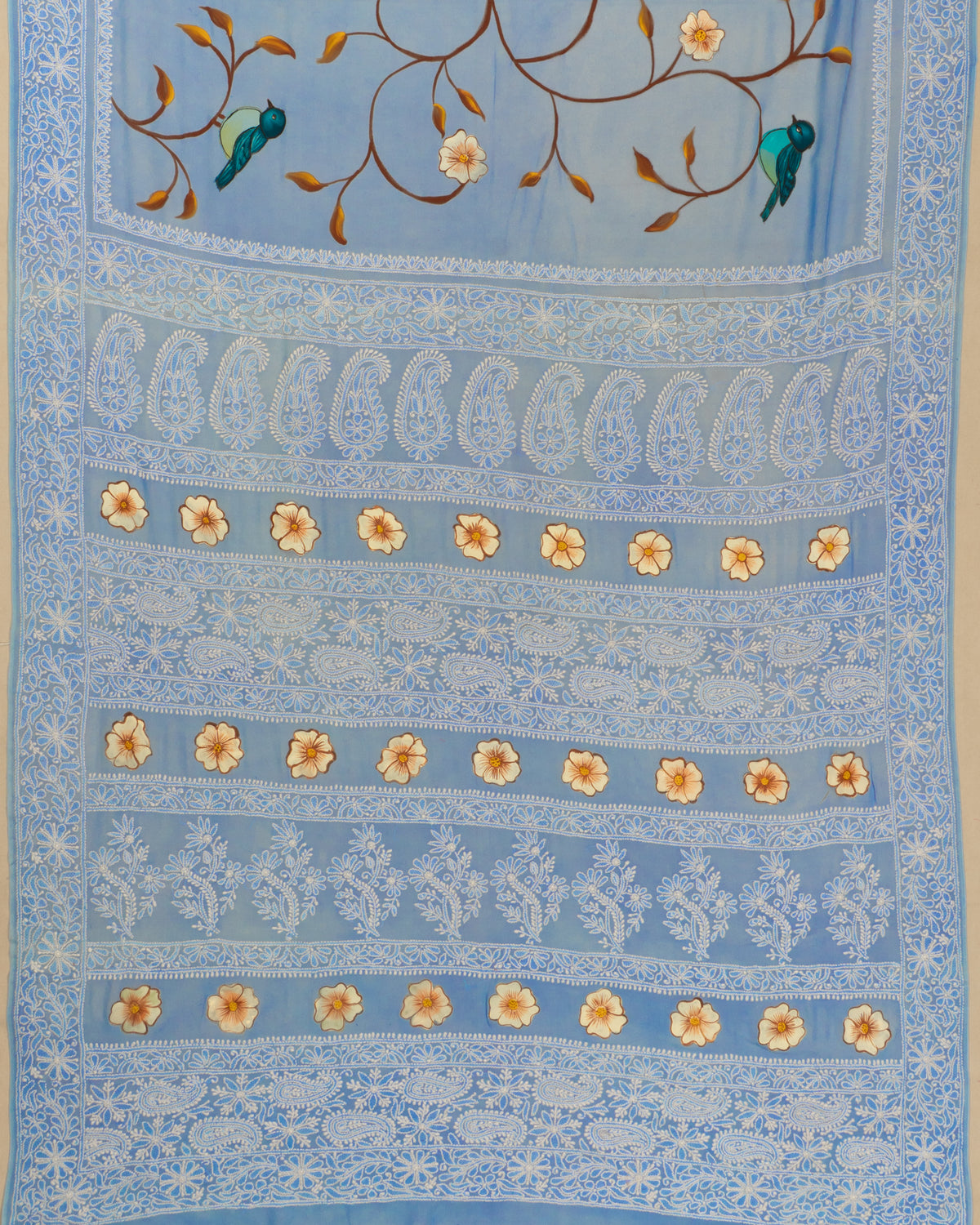 Georgette Hand Painted Jaal Ice Blue Saree With Chikankari Embroidery