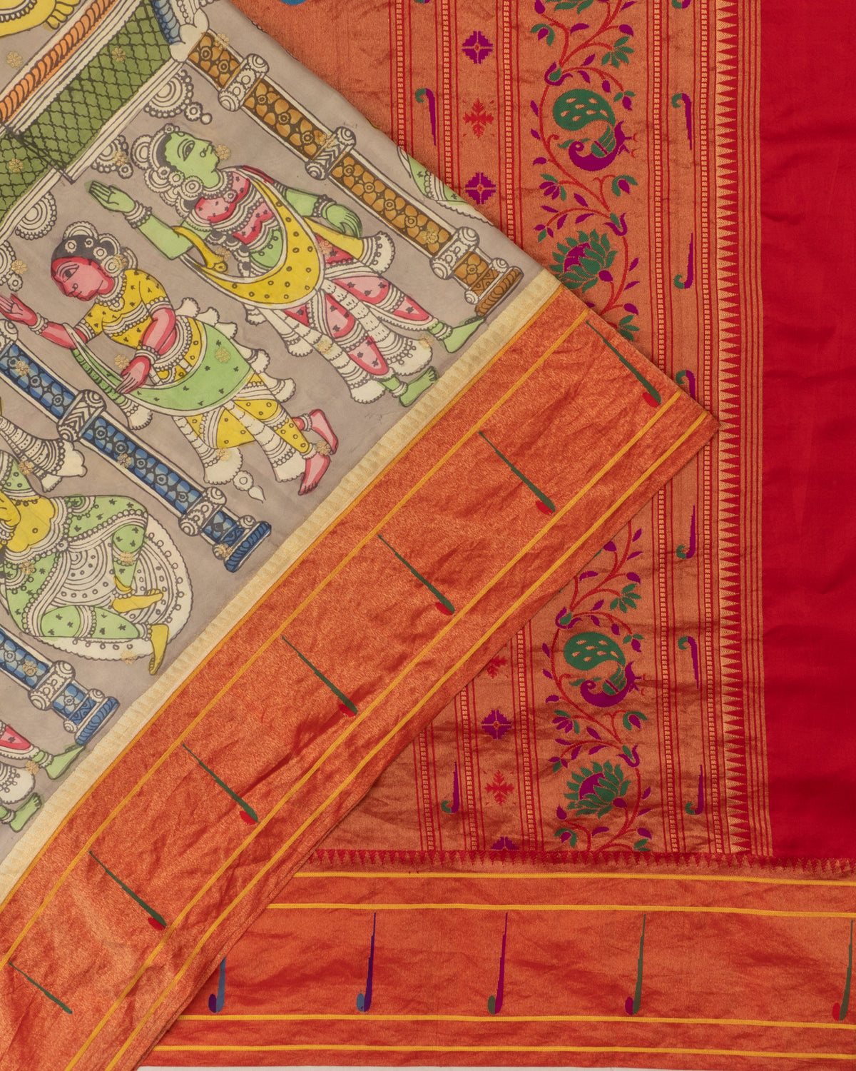 Muniya Silk Butta Kalamkari Hand Painted Snuff Saree