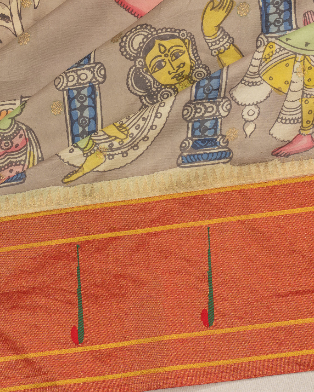Muniya Silk Butta Kalamkari Hand Painted Snuff Saree