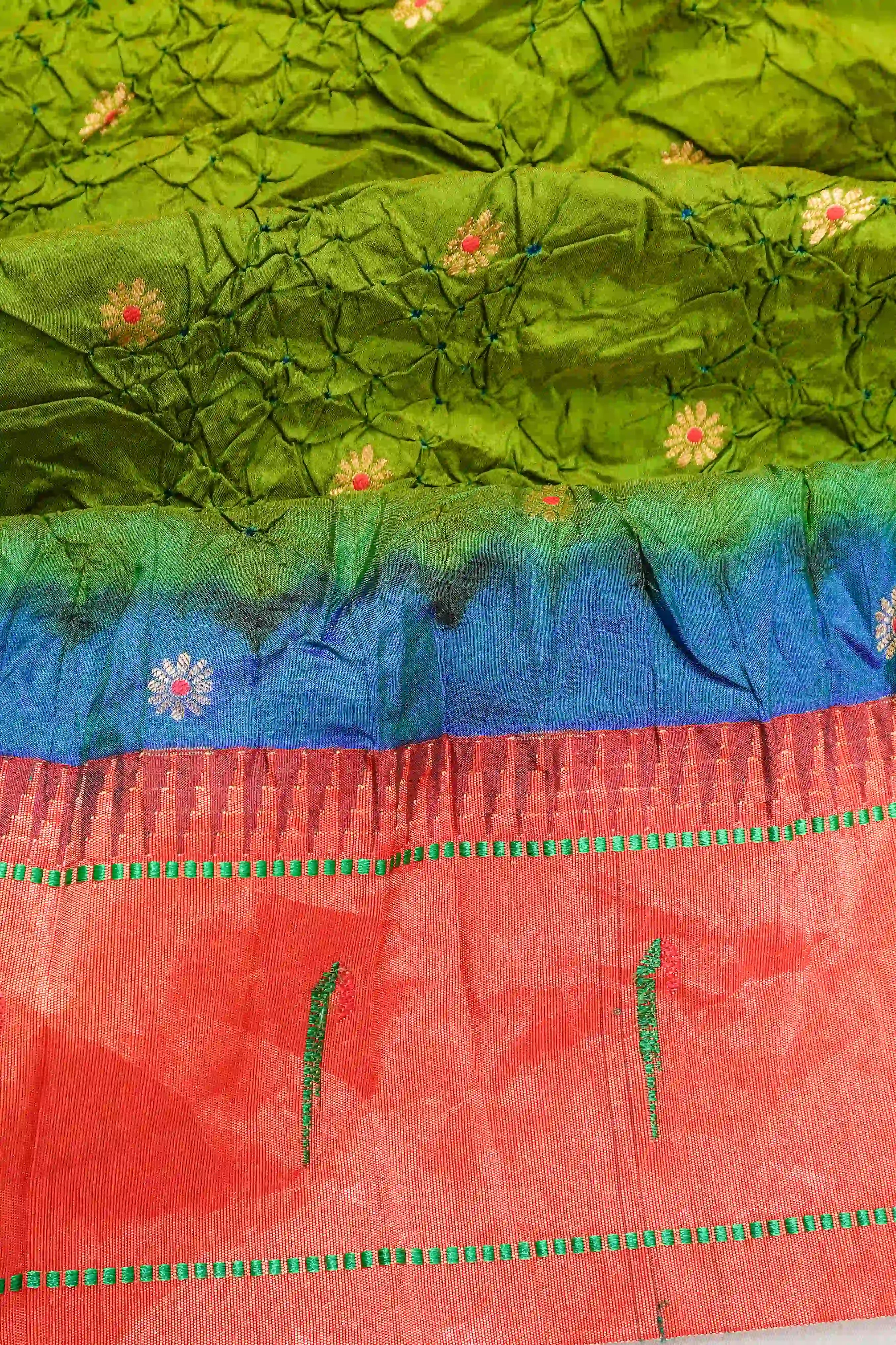 Muniya Silk Bandhani Green Saree With Paithani Inspired Border
